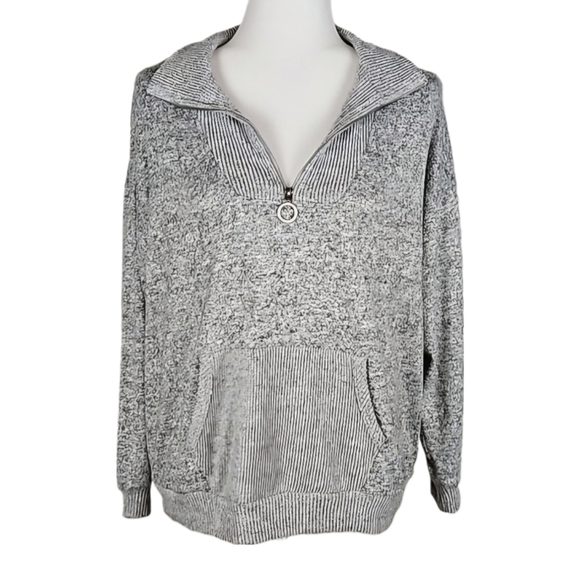 Soft Gray Sweater with Kangaroo Pocket and Zip Neckline - Picture 1 of 8